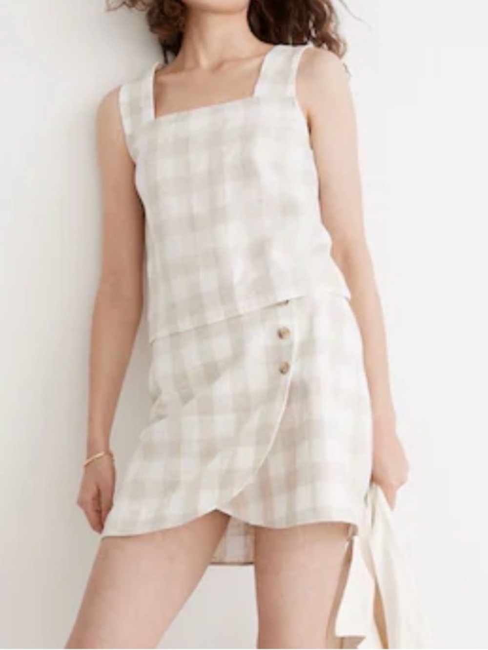 MADEWELL LINEN BLEND SUNSIDE SET TAN OFF-WHITE GINGHAM PLAID TANK SKIRT WOMENS 8